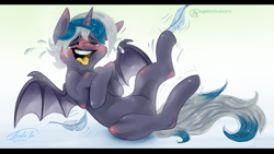 Size: 3840x2160 | Tagged: safe, artist:angelasart, oc, oc only, oc:elizabat stormfeather, alicorn, bat pony, bat pony alicorn, pony, alicorn oc, bat pony oc, bat wings, blushing, crying, cute, feather, female, high res, hoof tickling, horn, knee blush, laughing, letterboxing, mare, ocbetes, open mouth, raised hoof, raised leg, sitting, solo, tears of laughter, tickle torture, tickling, wings, ych result