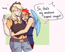 Size: 2048x1639 | Tagged: safe, artist:blueberry-ghost, artist:mayu, applejack, rainbow dash, human, g4, clothes, cowboy hat, eyes closed, gay, hat, humanized, male, rule 63, ship:appledash, shipping, vest, winged humanization, wings