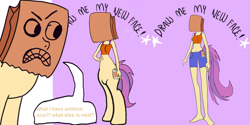 Size: 2160x1080 | Tagged: safe, artist:calebtyink, artist:paperbagpony, oc, oc:paper bag, earth pony, pony, anthro, unguligrade anthro, belly button, breasts, clothes, exploitable meme, meme, midriff, shorts, tank top