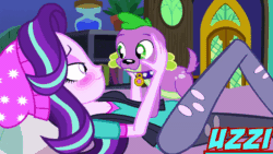 Size: 800x450 | Tagged: safe, artist:uzzi-ponydubberx, spike, starlight glimmer, sunburst, dog, human, equestria girls, g4, animated, beanie, bestiality, clothes, female, gif, interspecies, jeans, kiss on the lips, kissing, male, ripped jeans, romantic, ship:sparlight, shipping, shirt, spike gets all the equestria girls, spike the dog, straight, surprised, tail wag, teenager, vest