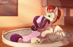 Size: 2048x1311 | Tagged: safe, artist:avery-valentine, starlight glimmer, oc, oc:swift apex, pegasus, pony, unicorn, g4, bath, canon x oc, cottagecore, cuddling, cute, duo, duo male and female, eyes closed, female, glimmex, horn, hug, indoors, male, mare, shipping, spread wings, stallion, straight, water, wings, ych result