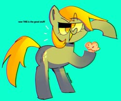 Size: 1211x1006 | Tagged: safe, artist:demonxelia, derpy hooves, pegasus, pony, g4, bipedal, blue background, female, food, mare, muffin, signature, simple background, smiling, solo, speech bubble, that pony sure does love muffins