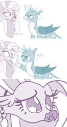 Size: 732x1402 | Tagged: safe, artist:sintakhra, edit, gallus, silverstream, griffon, hippogriff, g4, ..., cute, diastreamies, female, gallabetes, gallus is not amused, kiss me, male, no, out of context, parody, pure unfiltered evil, reference, sad, ship:gallstream, shipping, shipping denied, smiling, smirk, straight, text edit, unamused, you monster