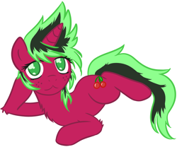 Size: 898x747 | Tagged: safe, artist:homumu, oc, oc only, oc:cherry bomb, pony, unicorn, female, fluffy, freckles, horn, looking at you, mare, prone, simple background, smiling, solo, unicorn oc, white background