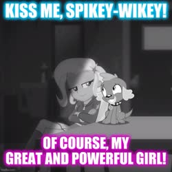 Size: 715x715 | Tagged: safe, edit, edited screencap, screencap, spike, spike the regular dog, trixie, dog, equestria girls, equestria girls series, g4, rarity investigates: the case of the bedazzled boot, caption, cropped, female, image macro, imminent kissing, interspecies, male, meme, rarity investigates (eqg): trixie, shipping, spixie, straight, text