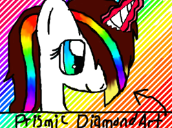 Size: 546x409 | Tagged: safe, artist:prismicdiamondart, oc, oc only, pony, abstract background, bust, female, glowing horn, hair over one eye, horn, mare, multicolored hair, rainbow hair, smiling, solo