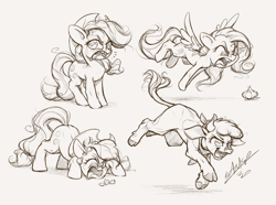 Size: 1440x1072 | Tagged: safe, artist:assasinmonkey, applejack, arizona (tfh), fluttershy, bat pony, cow, earth pony, pegasus, pony, them's fightin' herds, g4, angry, applejack's hat, bandana, bat ponified, cloven hooves, community related, cowboy hat, faic, fangs, female, flutterbat, food, garlic, gray background, hat, hissing, mare, race swap, simple background, sketch, strawberry, that pony sure does hate strawberries
