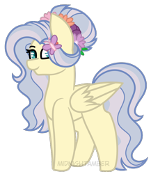 Size: 908x1044 | Tagged: safe, artist:calibykitty, oc, oc only, butterfly, pegasus, pony, breeding result, female, flower, flower in hair, hairclip, magical lesbian spawn, mare, offspring, parent:coco pommel, parent:fluttershy, simple background, smiling, solo, transparent background