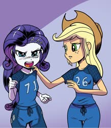 Size: 1068x1224 | Tagged: safe, artist:pencils, edit, idw, applejack, rarity, equestria girls, g4, spoiler:comic, spoiler:comicequestriagirlsmarchradness, angry, clothes