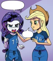 Size: 1068x1224 | Tagged: safe, artist:pencils, edit, idw, applejack, rarity, equestria girls, g4, spoiler:comic, spoiler:comicequestriagirlsmarchradness, angry, clothes, duo, hand on shoulder, speech bubble, textless