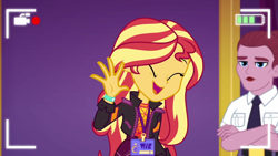 Size: 1920x1080 | Tagged: safe, screencap, mulberry barricade, sunset shimmer, equestria girls, g4, how to backstage, my little pony equestria girls: better together, background human, cute, duo, female, recording, security guard, selfie drone, shimmerbetes, smiling, waving