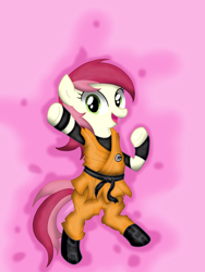 Size: 3024x4032 | Tagged: safe, artist:background basset, derpibooru exclusive, roseluck, earth pony, pony, g4, belt, black belt, capsule corp, clothes, gi, robes, shoes, simple background, son goku