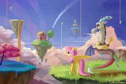 Size: 3000x2000 | Tagged: safe, artist:emeraldgalaxy, discord, fluttershy, draconequus, pegasus, pony, g4, chaos, comet, description at source, description is relevant, digital art, discord's house, duo, female, floating, floating island, high res, house, looking at each other, mare, sky, the discord zone, tree, waterfall