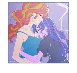 Size: 1000x949 | Tagged: safe, artist:5mmumm5, sci-twi, sunset shimmer, twilight sparkle, equestria girls, g4, bed, duo, duo female, female, lesbian, pillow, ship:sci-twishimmer, ship:sunsetsparkle, shipping, sleeping, sleeping together