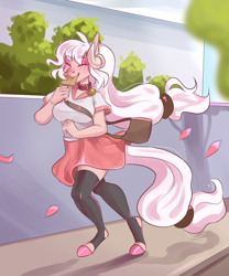 Size: 2480x2974 | Tagged: safe, artist:corelle-vairel, oc, oc only, earth pony, anthro, unguligrade anthro, anthro oc, bell, bell collar, bread, cherry blossoms, clothes, collar, commission, eyes closed, female, flower, flower blossom, food, high res, horns, mare, schoolgirl toast, skirt, solo, stockings, thigh highs, toast, zettai ryouiki