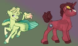 Size: 1024x603 | Tagged: safe, artist:loryska, oc, oc only, oc:bastion breeze, oc:brick hoof, pegasus, pony, unicorn, brothers, cloven hooves, colored wings, duo, magical gay spawn, male, multicolored wings, offspring, parent:trenderhoof, parent:zephyr breeze, parents:trenderbreeze, siblings, stallion, wings