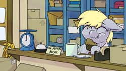Size: 5760x3240 | Tagged: safe, artist:ljdamz1119, derpy hooves, pegasus, pony, g4, absurd resolution, bell, book, box, cute, derpabetes, eating, envelope, eyes closed, female, food, mail, mailmare, mare, muffin, mug, plate, scales, scepter, sign, solo, tape, twilight scepter, weighing scale