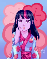 Size: 2000x2500 | Tagged: safe, artist:marydibujando, twilight sparkle, equestria girls, g4, alternate hairstyle, bust, clothes, female, high res, kimono (clothing), open mouth, signature, solo