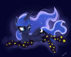 Size: 4400x3500 | Tagged: safe, artist:dumbwoofer, derpibooru exclusive, princess luna, alicorn, pony, g4, clothes, female, glow in the dark, glowing, moon, socks, solo, stars, thigh highs