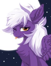 Size: 4000x5092 | Tagged: safe, artist:up1ter, derpibooru exclusive, oc, oc only, oc:nighty cloud, pegasus, pony, :p, cheek fluff, chest fluff, cute, ear fluff, female, fluffy, looking at you, moon, night, one eye closed, solo, spread wings, stars, style emulation, tongue out, wings, wink