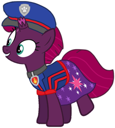 Size: 941x1040 | Tagged: safe, artist:徐詩珮, fizzlepop berrytwist, tempest shadow, pony, unicorn, series:sprglitemplight diary, series:sprglitemplight life jacket days, series:springshadowdrops diary, series:springshadowdrops life jacket days, g4, alternate universe, base used, broken horn, clothes, cutie mark, cutie mark on clothes, eye scar, eyelashes, female, grin, hat, horn, mare, marshall (paw patrol), paw patrol, paw prints, scar, simple background, smiling, solo, transparent background, ultimate rescue