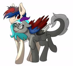 Size: 1652x1501 | Tagged: safe, artist:noxi1_48, oc, ambiguous species, pegasus, pony, commission, couple, duo, glasses, happy, horns, hug, pegasus oc, red eyes, simple background, white background, winghug, wings