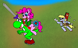 Size: 952x592 | Tagged: safe, artist:vinny_van_yiffy, derpy hooves, pinkie pie, yoshi, g4, clothes, cosplay, costume, crossover, link, super mario bros., the legend of zelda, the legend of zelda: twilight princess