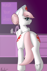 Size: 1200x1800 | Tagged: safe, artist:llametsul, nurse redheart, earth pony, pony, g4, bedroom eyes, bipedal, bipedal leaning, both cutie marks, butt, covering, female, frog (hoof), leaning, looking at you, looking back, looking back at you, mare, nurse, nurse redbutt, plot, raised hoof, rear view, sink, solo, tail covering, underhoof, updated