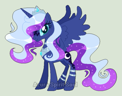 Size: 601x474 | Tagged: safe, artist:azura-spirit-soul, artist:selenaede, nightmare moon, princess luna, alicorn, pony, g4, alternate hairstyle, alternate universe, anklet, base used, crown, female, gray background, jewelry, mare, markings, redesign, regalia, simple background, solo, watermark