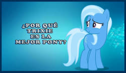 Size: 728x421 | Tagged: safe, edit, trixie, g4, best pony, blue background, simple background, spanish, translated in the description
