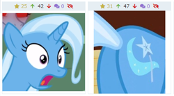 Size: 440x242 | Tagged: safe, screencap, trixie, pony, unicorn, derpibooru, all bottled up, g4, butt, female, juxtaposition, juxtaposition win, mare, meme, meta, open mouth, plot, the great and powerful ass
