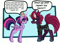 Size: 1280x933 | Tagged: safe, alternate version, artist:cuddlelamb, fizzlepop berrytwist, tempest shadow, twilight sparkle, alicorn, pony, unicorn, g4, animated, armor, blushing, broken horn, butt, clothes, dialogue, dock, dress, duster, ear fluff, female, gif, glowing horn, horn, magic, maid, maid headdress, mouth hold, out of frame, plot, shoes, socks, speech bubble, transforming clothes, twilight sparkle (alicorn), uniform
