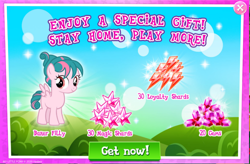 Size: 1046x688 | Tagged: safe, gameloft, tulip swirl, pegasus, pony, g4, official, advertisement, background pony, baker filly, female, filly, foal, friendship student, gem, greedloft, meme
