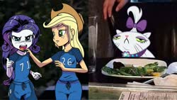 Size: 2289x1288 | Tagged: safe, artist:pencils, edit, idw, official comic, applejack, opalescence, rarity, cat, equestria girls, g4, spoiler:comic, spoiler:comicequestriagirlsmarchradness, meme, woman yelling at a cat