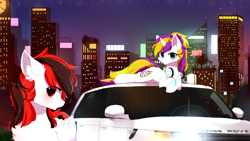 Size: 3840x2160 | Tagged: safe, artist:heddopen, oc, oc only, oc:gliterry, oc:sprinkles, pegasus, pony, unicorn, background pony, building, car, chest fluff, city, ear fluff, female, headphones, high res, jewelry, looking at you, necklace, night, range rover