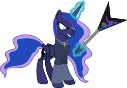 Size: 3464x2394 | Tagged: safe, artist:anime-equestria, princess luna, alicorn, pony, g4, angry, clothes, cross necklace, crucifix, ear piercing, female, guitar, high res, jewelry, levitation, long sleeved shirt, magic, musical instrument, necklace, piercing, simple background, smiling, solo, telekinesis, transparent background, vector, wings