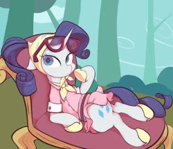 Size: 2048x1772 | Tagged: safe, artist:noupu, rarity, pony, unicorn, g4, sleepless in ponyville, alternate hairstyle, camping outfit, clothes, dress, fainting couch, female, headscarf, lying down, mare, ponytail, scarf, shoes, sitting, solo, sunglasses