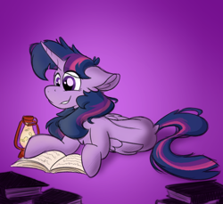 Size: 2180x2000 | Tagged: safe, artist:antimationyt, twilight sparkle, alicorn, pony, g4, book, chest fluff, ear fluff, female, firefly lamp, floppy ears, folded wings, gradient background, high res, lamp, looking at something, mare, prone, reading, smiling, solo, twilight sparkle (alicorn), wings