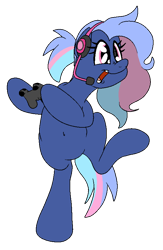 Size: 550x844 | Tagged: safe, artist:bennimarru, oc, oc only, oc:bit rate, pony, bipedal, colored, controller, flat colors, headset, open mouth, simple background, smiling, solo, standing, standing on one leg, transparent background