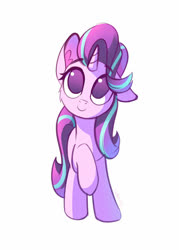 Size: 1000x1400 | Tagged: safe, artist:lollipony, starlight glimmer, pony, unicorn, g4, cheek fluff, cute, ear fluff, female, front view, glimmerbetes, looking up, mare, no pupils, raised hoof, simple background, smiling, solo, wavy mane, white background