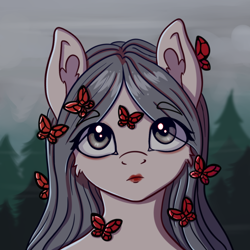 Size: 640x640 | Tagged: safe, artist:tanatos, butterfly, pony, female, forest background, gray, lipstick, ponified, red lipstick, solo
