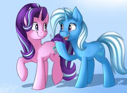 Size: 2048x1498 | Tagged: safe, artist:kaylerustone, starlight glimmer, trixie, pony, unicorn, g4, blue background, cute, duo, female, looking at each other, mare, open mouth, simple background
