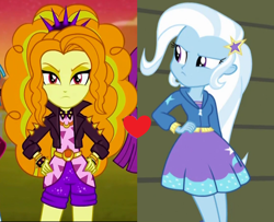 Size: 1278x1040 | Tagged: safe, edit, edited screencap, screencap, adagio dazzle, trixie, equestria girls, equestria girls specials, g4, my little pony equestria girls: better together, my little pony equestria girls: rainbow rocks, my little pony equestria girls: sunset's backstage pass, bracelet, clothes, female, heart, jacket, jewelry, leather jacket, lesbian, shipping, shipping domino, shorts, spiked headband, spiked wristband, triagio, wristband