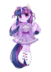 Size: 650x916 | Tagged: dead source, safe, artist:今日份的xyz, twilight sparkle, alicorn, pony, semi-anthro, g4, arm hooves, bow, clothes, cute, dress, female, hair bow, looking at you, mare, no pupils, ruffles, simple background, socks, solo, transparent background, twiabetes, twilight sparkle (alicorn)