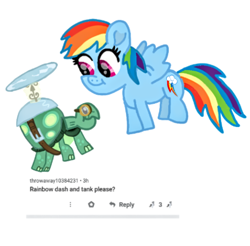 Size: 1080x1061 | Tagged: safe, artist:chespinfan, rainbow dash, tank, pegasus, pony, tortoise, g4, duo, female, male, mare, requested art, simple background, smiling, white background