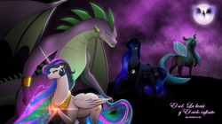 Size: 5000x2800 | Tagged: safe, artist:evoheaven, nightmare moon, princess celestia, princess luna, queen chrysalis, spike, alicorn, dragon, pony, g4, bugbutt, butt, chrysalass, fanfic, fanfic art, female, glowing, glowing mane, hair, high res, jewelry, large butt, male, moon, multicolored mane, night, plot, sexy, ship:spikelestia, shipping, straight, stupid sexy celestia, sunbutt, the ass was fat, wallpaper