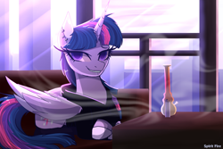 Size: 2400x1600 | Tagged: safe, artist:celes-969, twilight sparkle, alicorn, pony, g4, bong, clothes, drugs, ear piercing, female, grin, high, highlight sparkle, lighter, mare, piercing, redraw, smiling, smoking, solo, stoned, stoner twilight, twilight sparkle (alicorn)