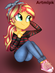 Size: 1536x2048 | Tagged: safe, artist:artmlpk, sunset shimmer, equestria girls, g4, adorable face, alternate hairstyle, bandana, clothes, converse, cute, denim, digital art, fashion, female, jeans, long sleeved shirt, looking over shoulder, pants, ponytail, shimmerbetes, shirt, shoes, simple background, sitting, smiling, sneakers, solo, style