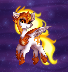 Size: 739x778 | Tagged: safe, artist:tater, daybreaker, alicorn, pony, a royal problem, g4, cheek fluff, chest fluff, ear fluff, female, fiery mane, flying, helmet, hoof shoes, looking at you, mare, smiling, solo, wings