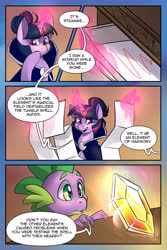 Size: 2000x3000 | Tagged: safe, artist:cosmalumi, spike, twilight sparkle, pony, tumblr:ask queen moon, g4, cape, clothes, comic, element of harmony, glowing horn, high res, horn, magic